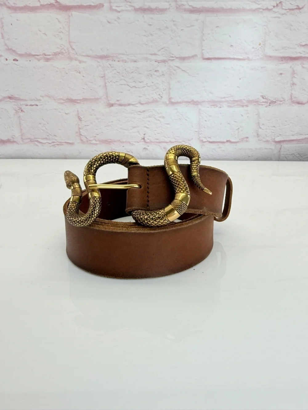 Gucci Rare Brown Leather Belt with Gold Snake Buckle 453935 105/42